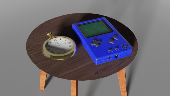 Rendering of the table, watch,  and GameBoy