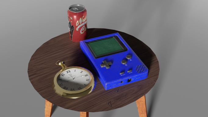 Rendering of the table, watch, and gameboy but with a can addon