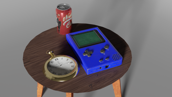 Rendering of the table, watch, GameBoy and a can of Nuka Cola